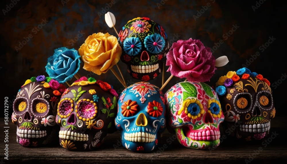 Cinco de Mayo, Colorful candy sugar skulls with flowers, generative ai