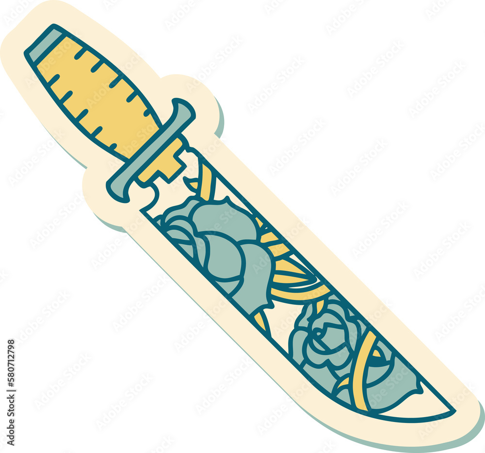 tattoo style sticker of a dagger and flowers tattoo style sticker of a dagger and flowers