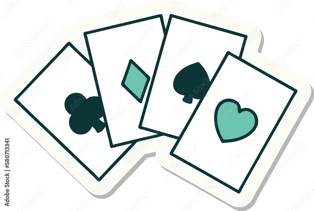 tattoo style sticker of a run of cards tattoo style sticker of a run of cards