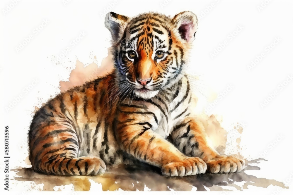 Fototapeta premium Watercolor of a baby tiger or tiger cub on a white background. Animal. Watercolor. Illustration. Generative AI