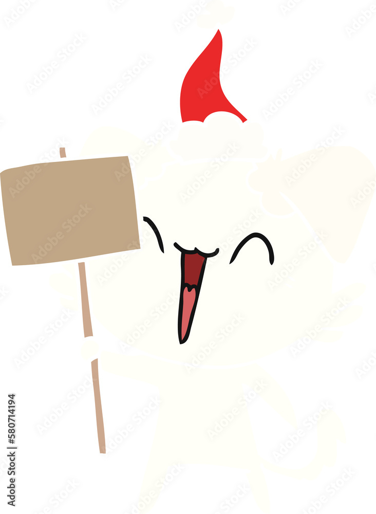 happy little flat color illustration of a dog holding sign wearing santa hat