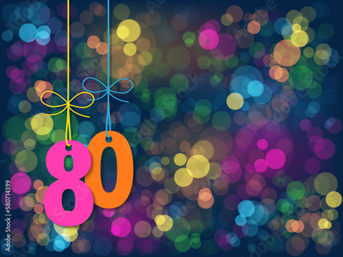 No 80 suspended by string on background of colorful bokeh lights