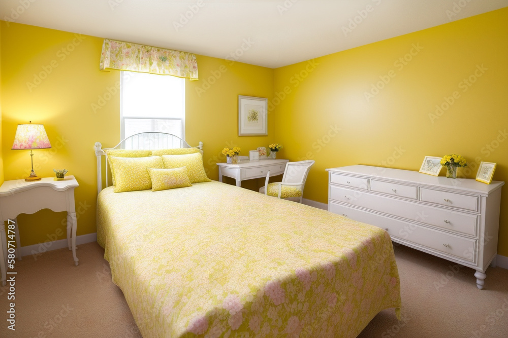 Yellow bedroom with big bed, desk and chair. Yellow wall, pink table lamp and window, complementing colors. Generative AI technology