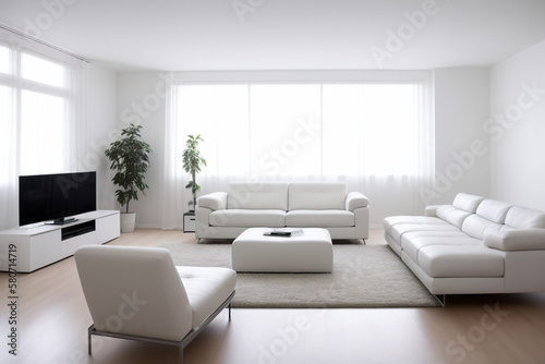 Living room with two large white couch   armchair and television. Large window  minimalism. Generative AI technology