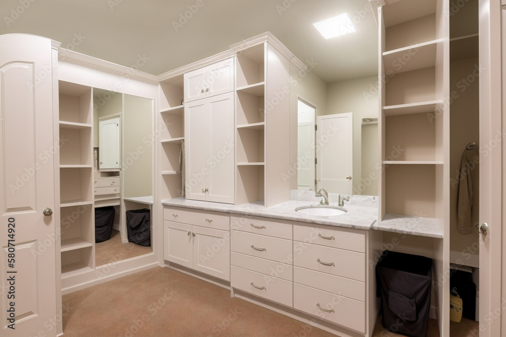 Dressing room has plenty of storage with built-in shelves and drawers. Mirror and vanity table for getting ready in the morning. AI technology. Dressing room has plenty of storage with built-in shelves and drawers. Mirror and vanity table for getting ready in the morning. AI technology.