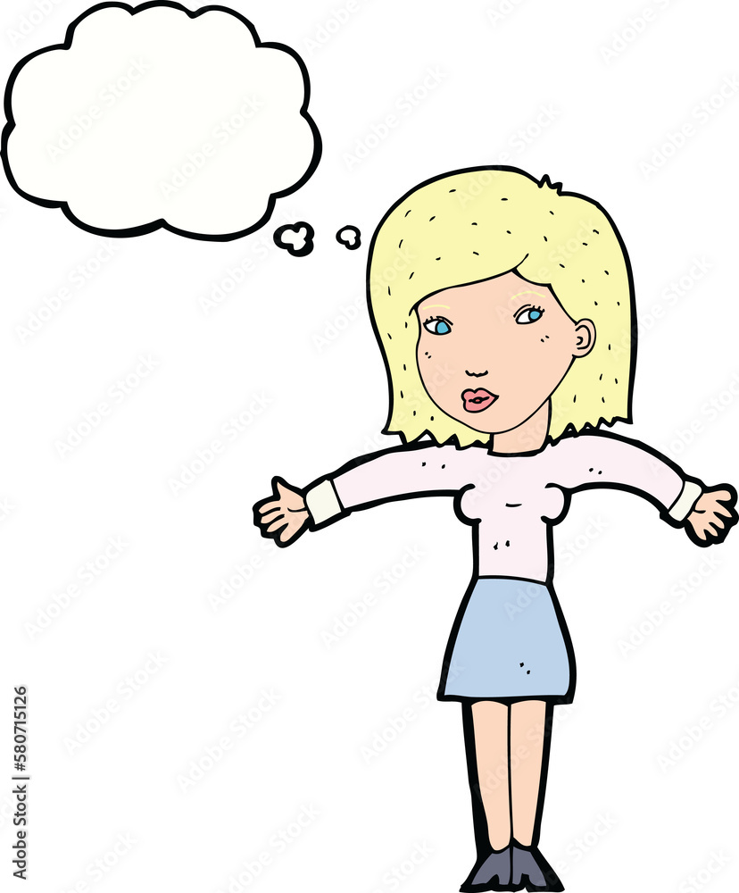cartoon woman shrugging shoulders with thought bubble cartoon woman shrugging shoulders with thought bubble