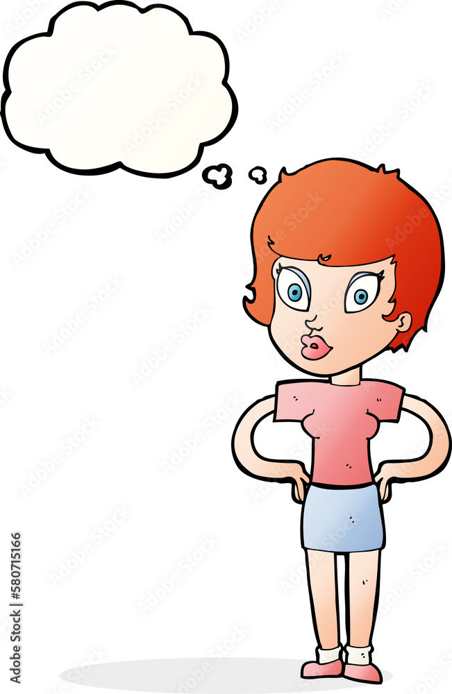 cartoon woman with hands on hips with thought bubble cartoon woman with hands on hips with thought bubble