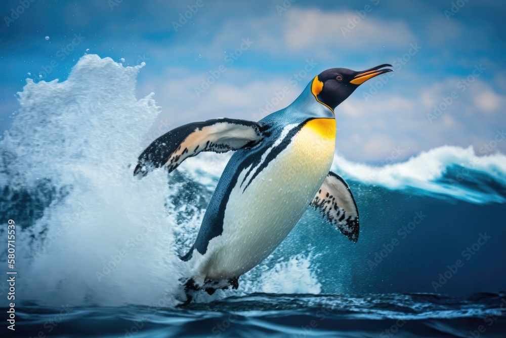 Obraz premium Bird flying free in the water. Big King penguins on Falkland Island jump and dance out of the blue water after swimming through the ocean. Scene of wildlife in the wild. The ocean has a funny picture