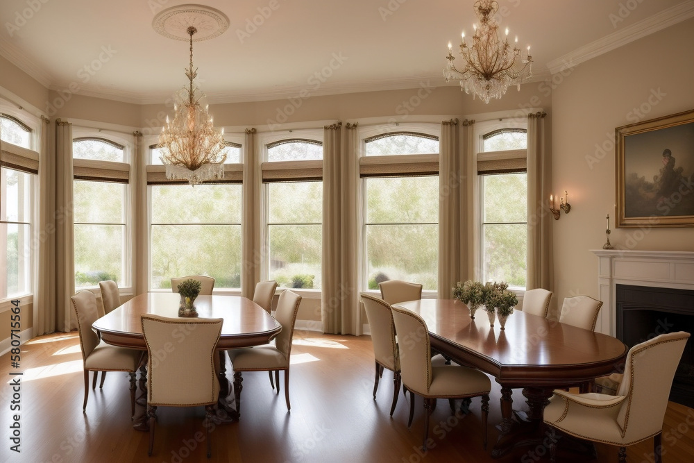 Dining room is elegant and sophisticated with large wooden table and ...
