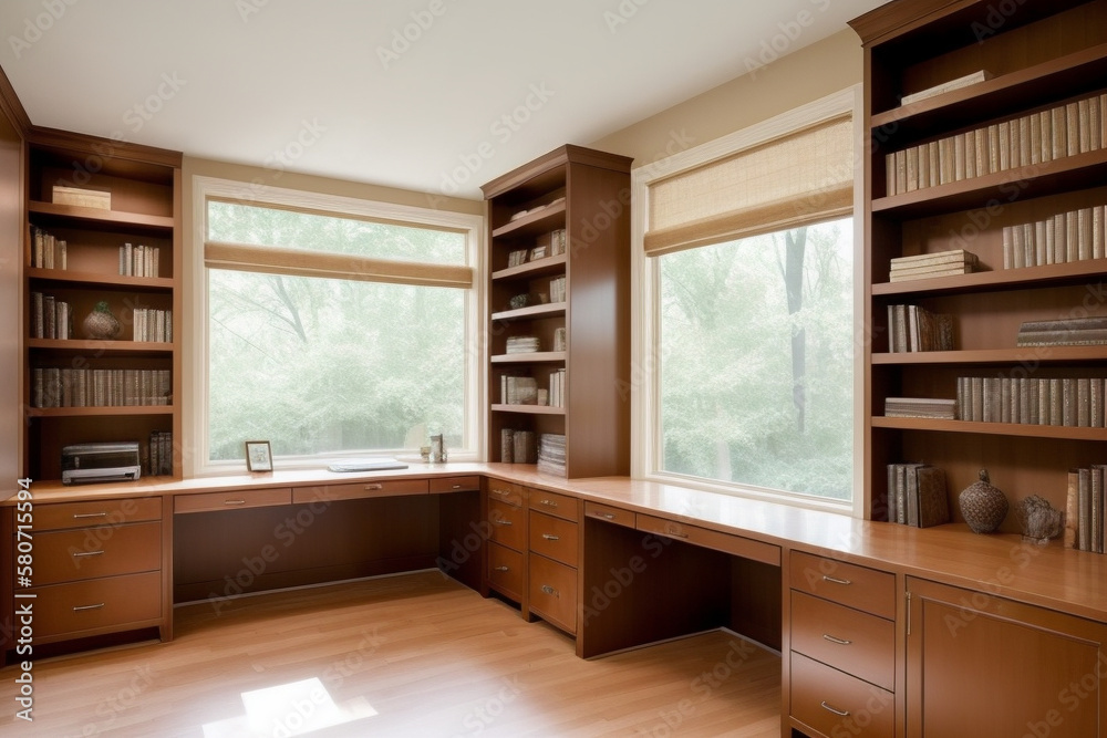Home office wth large windows, modern desk and built-in bookshelves for storage. Many natural light.  AI technology. 