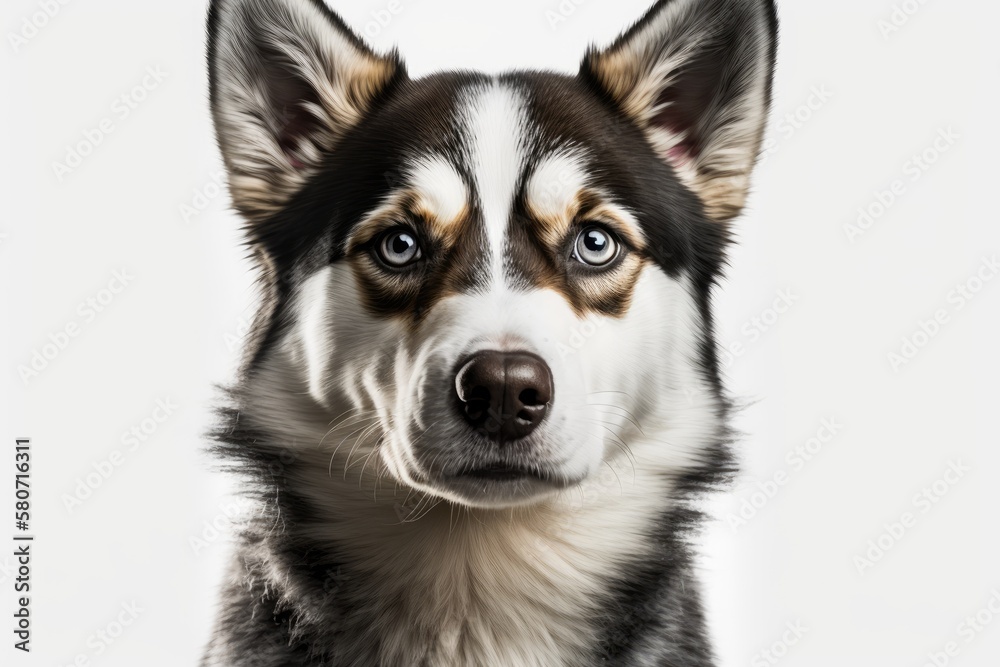 Portrait of husky dog looking at camera and paying attention on white background. Generative AI