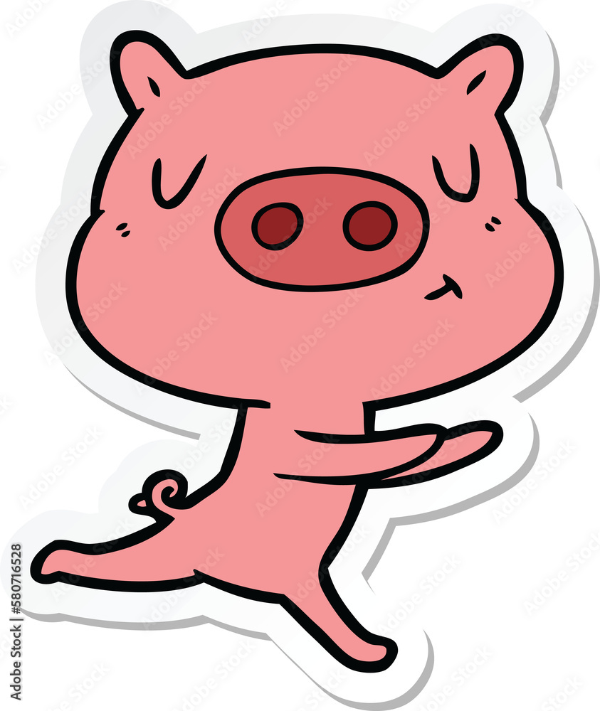 sticker of a cartoon content pig running