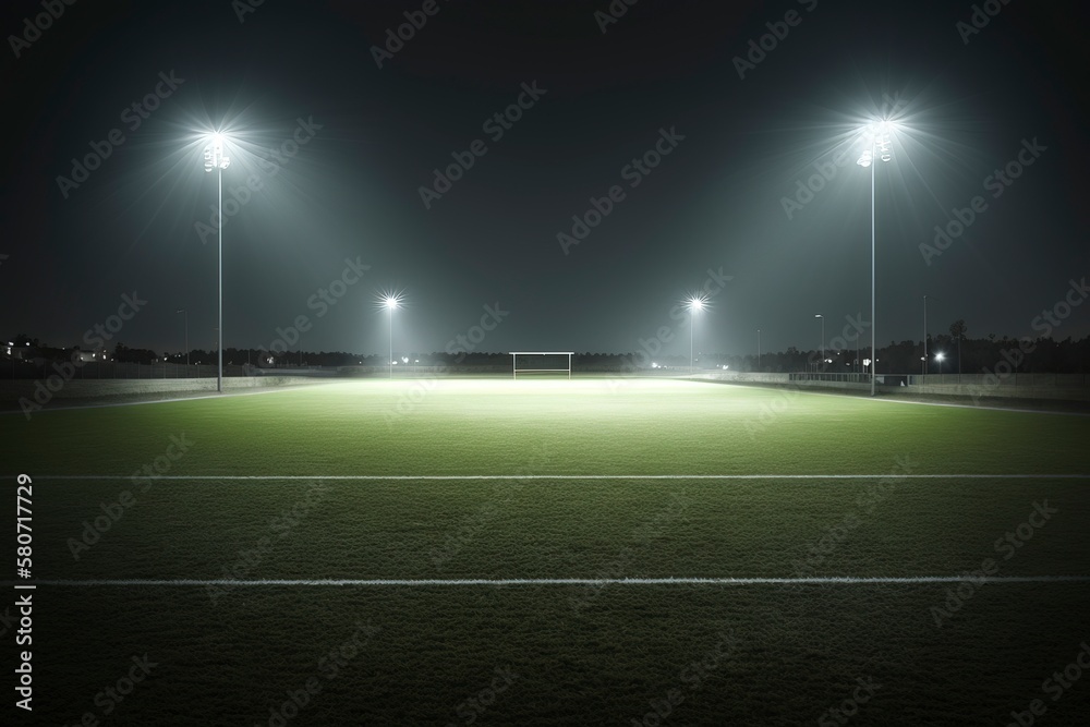 General grass stadium lit by spotlights and open green grass playground.AI technology generated image