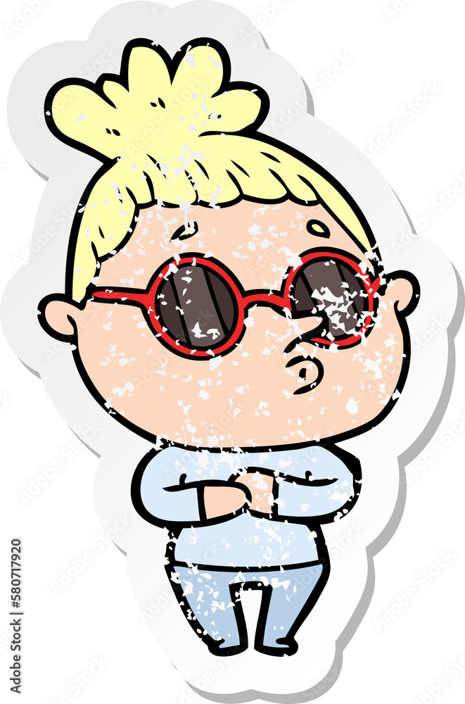 Fototapeta premium distressed sticker of a cartoon woman wearing sunglasses