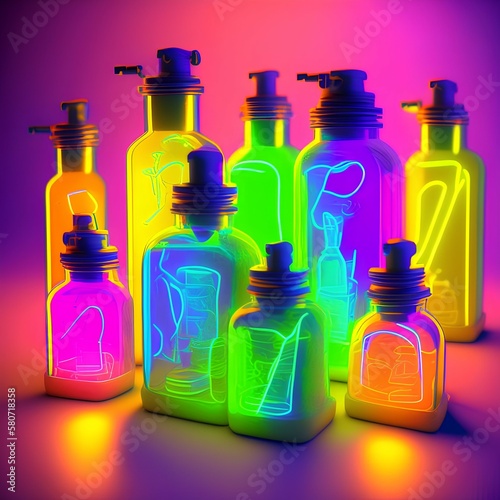 Cute potion bottles with yellow neon lights 8k - generative ai