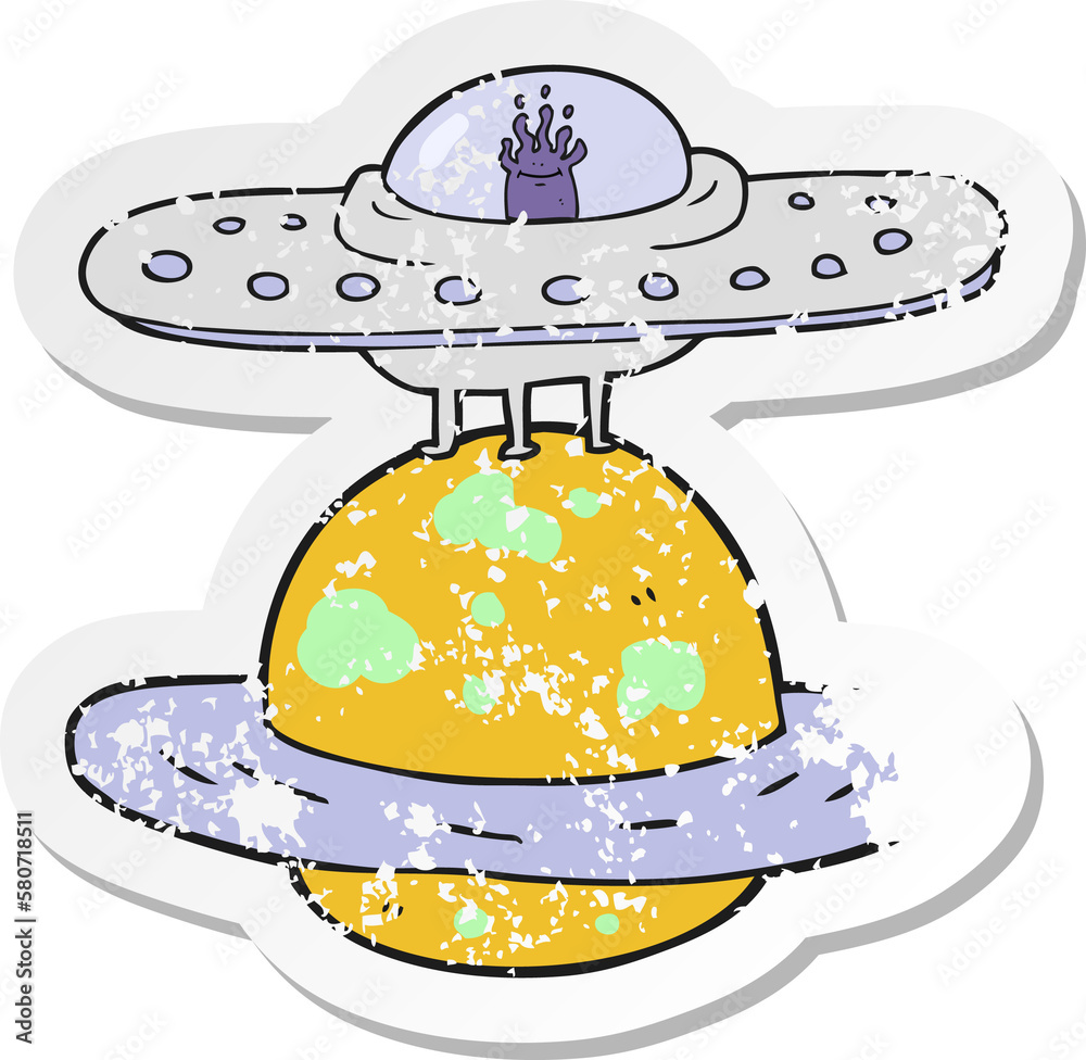 retro distressed sticker of a cartoon flying saucer retro distressed sticker of a cartoon flying saucer