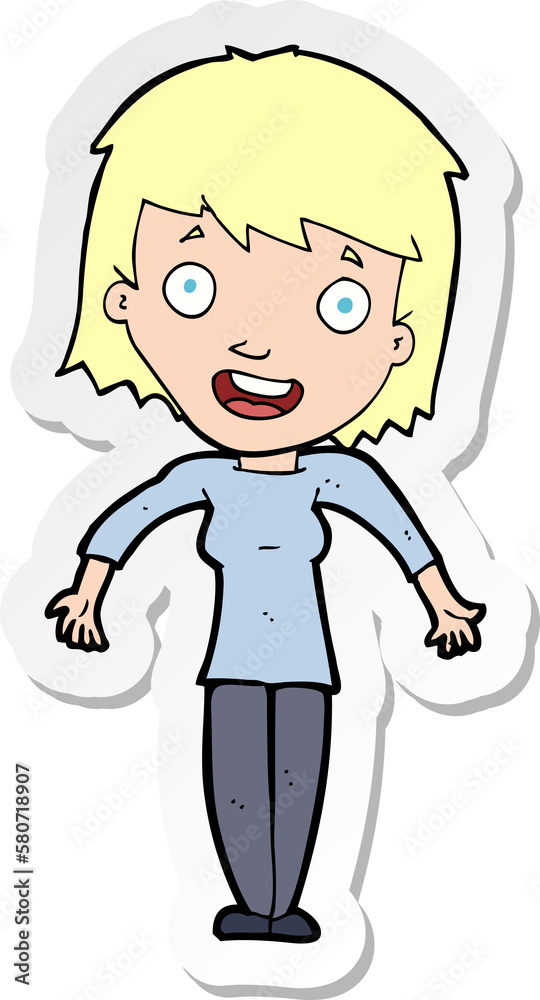 sticker of a cartoon woman shrugging shoulders sticker of a cartoon woman shrugging shoulders