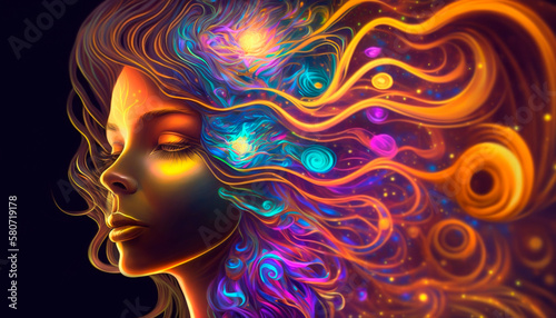woman with psychic abstract waves, Surreal psychedelia, bold mental, emotional, a spiritual Journey, Generative AI