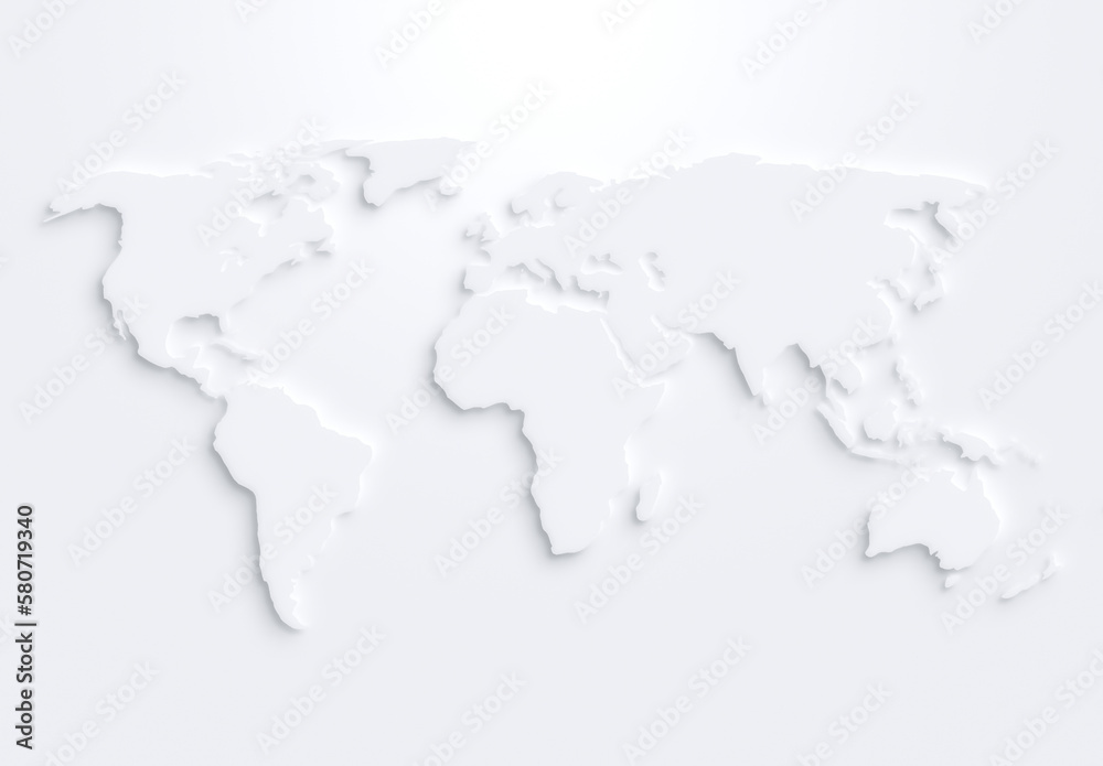 White world map on white background with shadow or 3d effect. High resolution modern and clean world map in black and white.