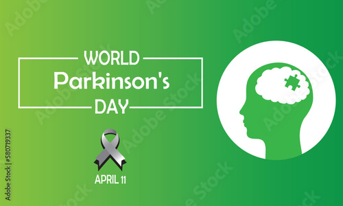 World Parkinson's Day design. It includes a head with brain silhouette and a piece of puzzle. It symbolizing Parkinson's disease. There is also a grey ribbon. Vector illustration