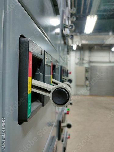 Select focus circuit breaker in Electric room on industrial, Rocker switch for start or stop motor.	
