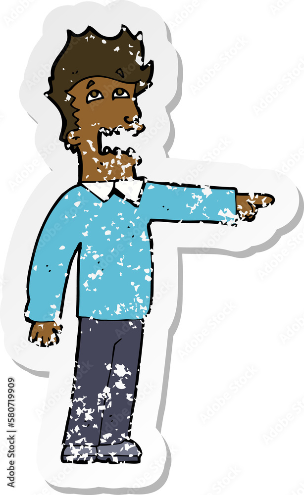 retro distressed sticker of a cartoon man accusing retro distressed sticker of a cartoon man accusing