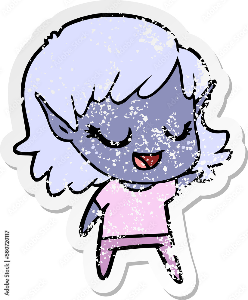 distressed sticker of a happy cartoon elf girl distressed sticker of a happy cartoon elf girl