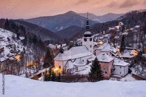 Magic village in early morning, epic winter views, beautiful nature and village in mountains, Slovakia, Spania valley, Spania dolina