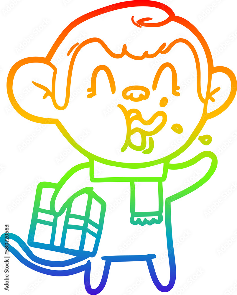 rainbow gradient line drawing crazy cartoon monkey with christmas present