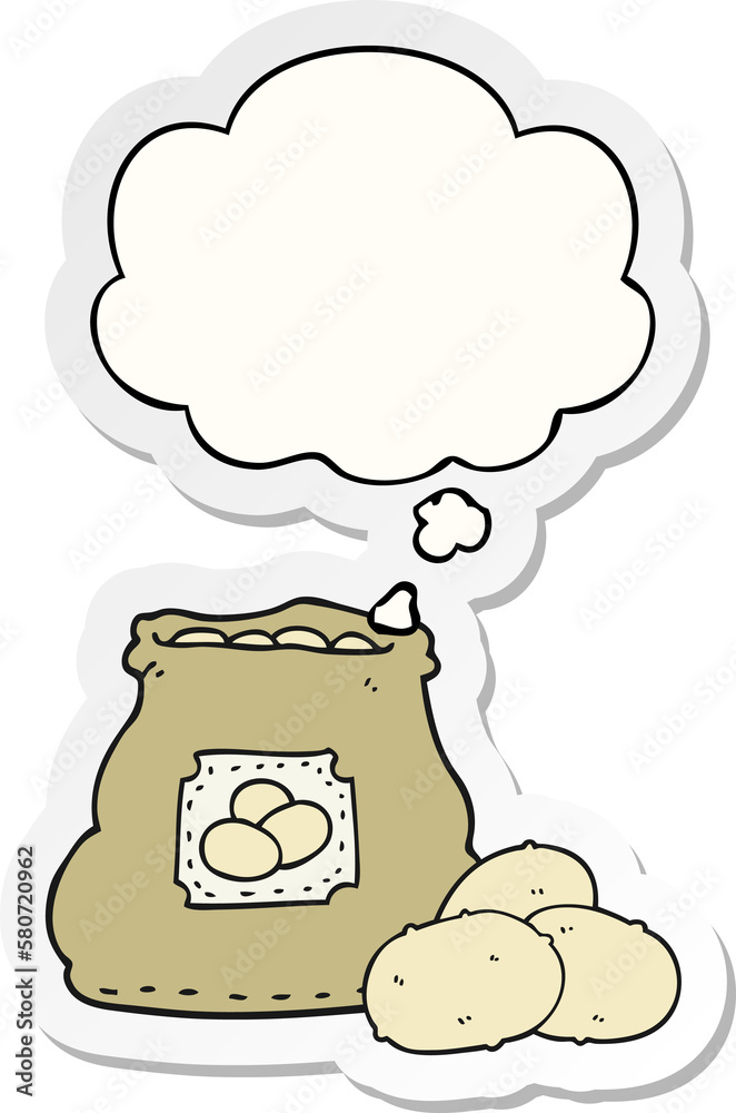 cartoon bag of potatoes and thought bubble as a printed sticker cartoon bag of potatoes and thought bubble as a printed sticker