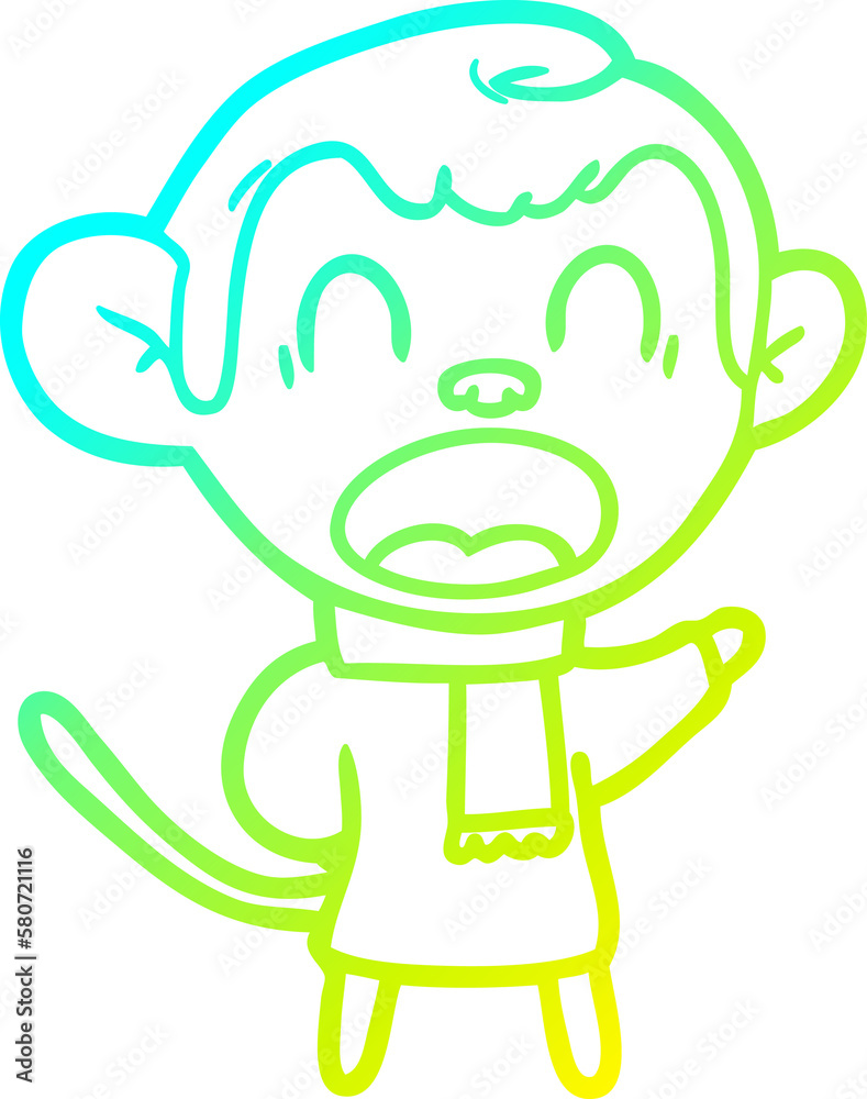 Obraz premium cold gradient line drawing shouting cartoon monkey wearing scarf