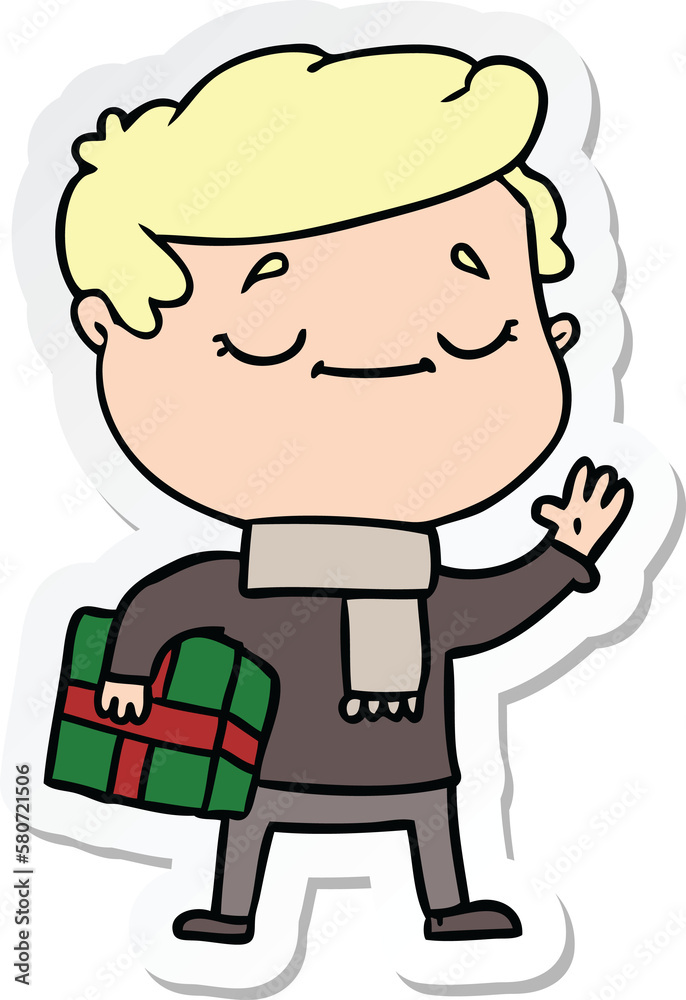 sticker of a cartoon man carrying christmas present waving sticker of a cartoon man carrying christmas present waving