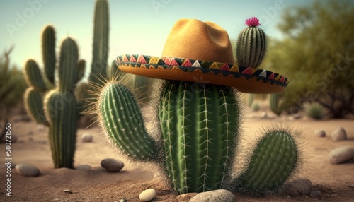 Cinco de Mayo Cactus in sombrero, generative ai