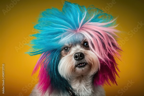 Funny dog with wig on color background. Generative AI © AkuAku