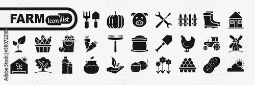 Farm, Farming, Agriculture - web icon set. Contains such Icons as Greenhouse, Haystack, Harvest and more.  Simple vector illustration.

