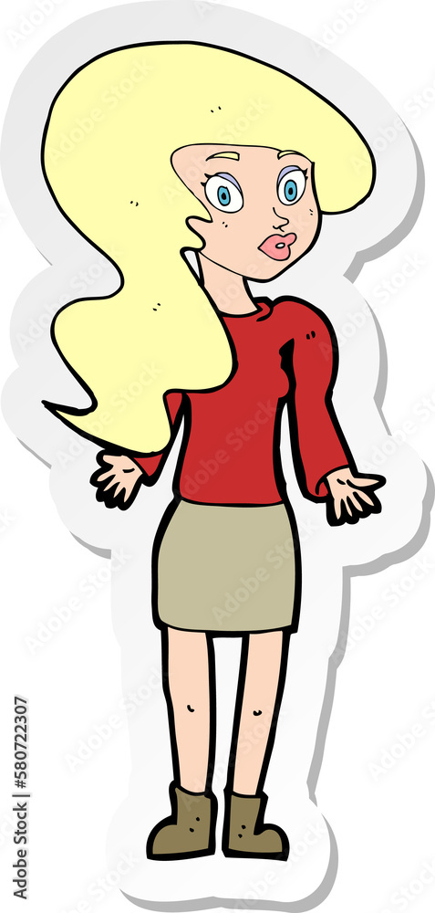 sticker of a cartoon woman shrugging shoulders sticker of a cartoon woman shrugging shoulders