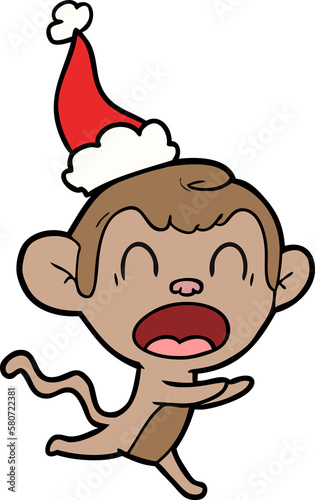 shouting line drawing of a monkey wearing santa hat