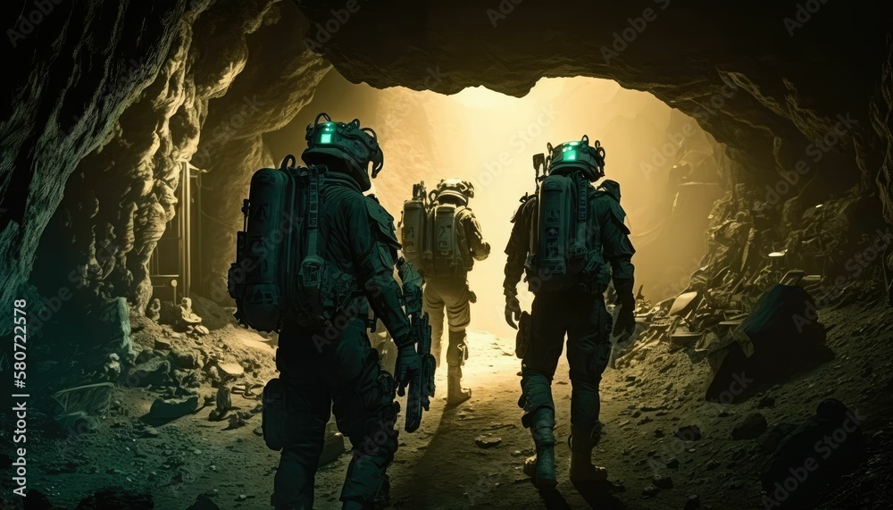High-tech military soldiers on a mission. Generative AI. High-tech military soldiers on a mission. Generative AI.
