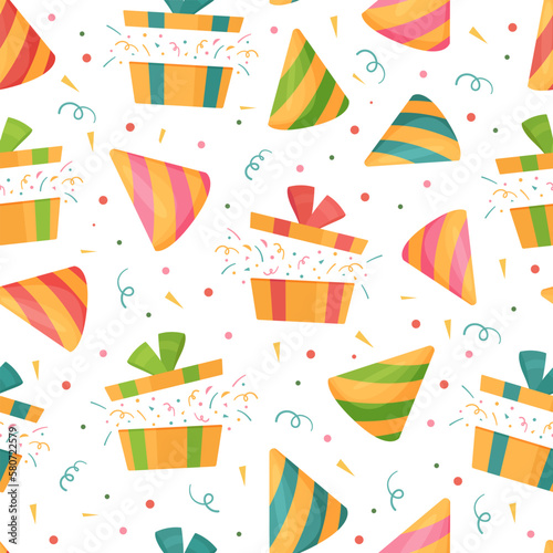 Bright print of gifts with fireworks and confetti. 