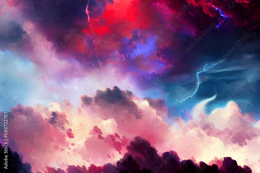 abstract painting with red, purple and blue colors, space art, clouds. fantasy, high quality digital painting, hellish background, stars in background, Generative AI - obrazy, fototapety, plakaty 