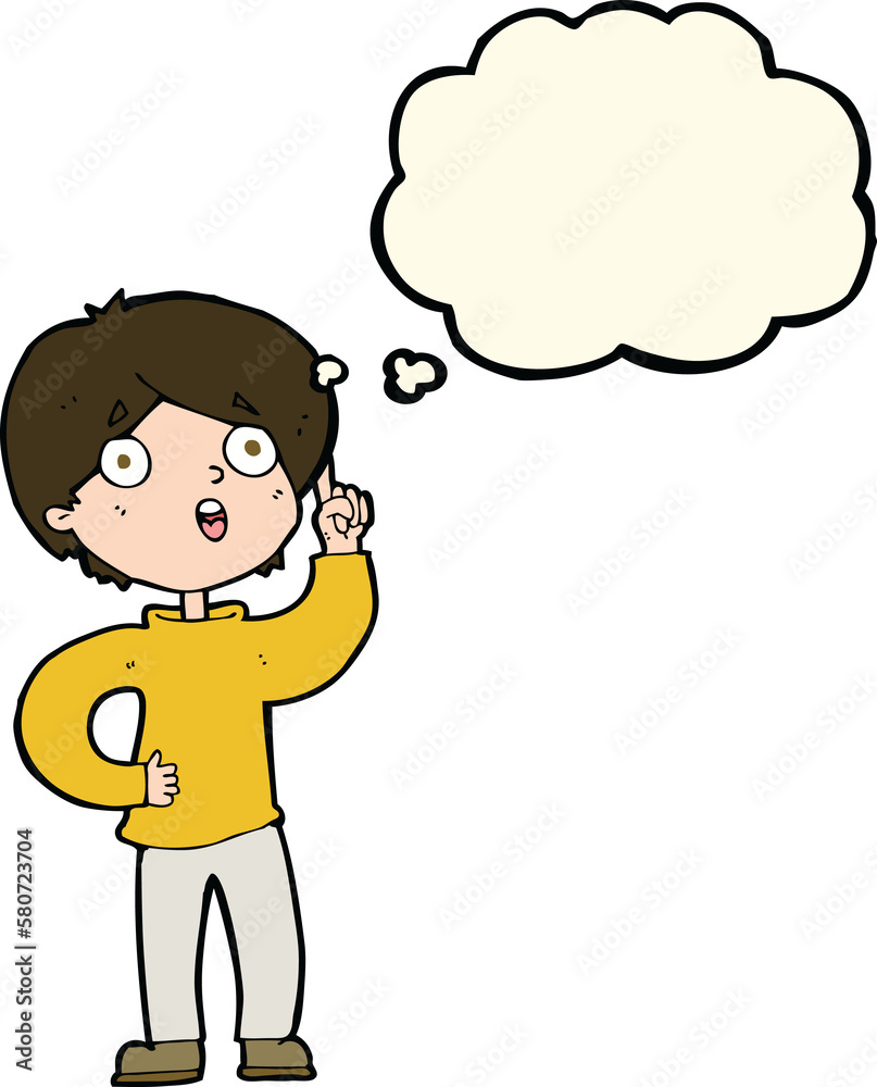 cartoon boy with idea with thought bubble cartoon boy with idea with thought bubble