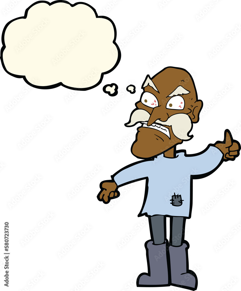 cartoon angry old man in patched clothing with thought bubble