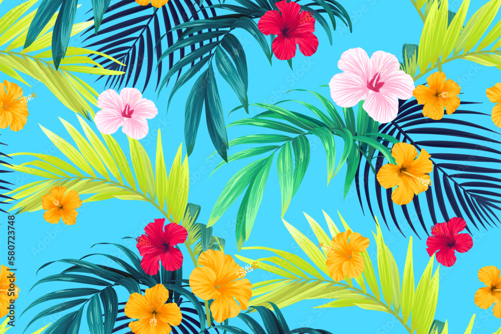 Tropical pattern with green palm leaves and hibiscus flowers. Summer bright blue vector background or textile illustration. - obrazy, fototapety, plakaty 