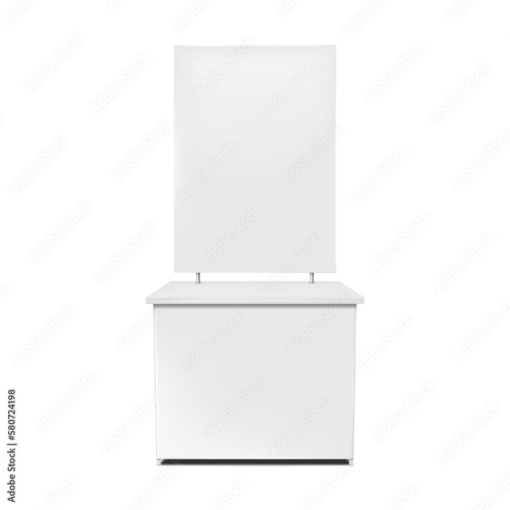 Promotional table with blank banner board on white background vector mockup. Advertising stand realistic mock-up. Template for design Promotional table with blank banner board on white background vector mockup. Advertising stand realistic mock-up. Template for design