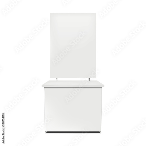 Promotional table with blank banner board on white background vector mockup. Advertising stand realistic mock-up. Template for design