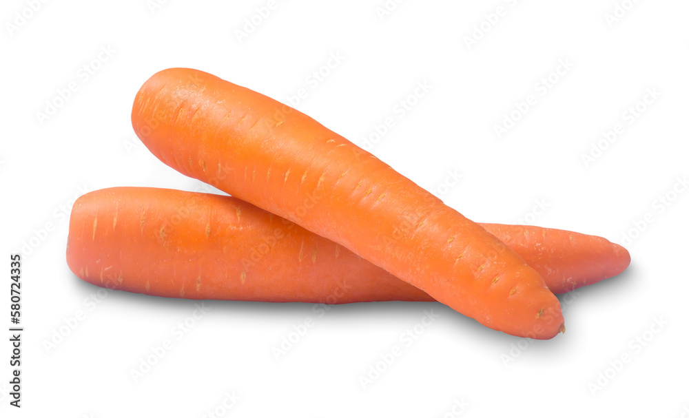 Two fresh orange carrot vegetables isolated on white background with clipping path and shadow in png file format Two fresh orange carrot vegetables isolated on white background with clipping path and shadow in png file format