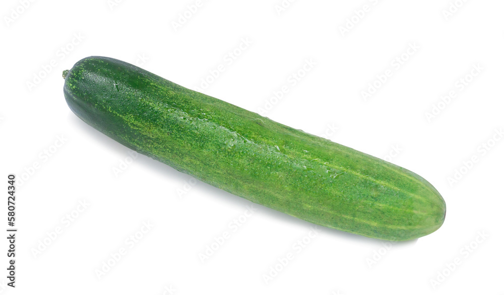 Top view of single fresh green cucumber vegetable isolated on white background with clipping path and shadow in png file format