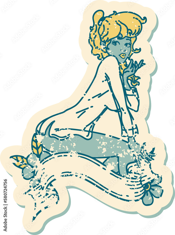 distressed sticker tattoo style icon of a pinup girl wearing a shirt with banner distressed sticker tattoo style icon of a pinup girl wearing a shirt with banner