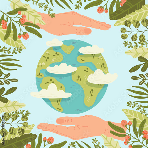 Happy Earth Day! Save Nature. Vector eco illustration for social media, poster, banner, card, flyer on the theme of saving planet, human hands protect earth