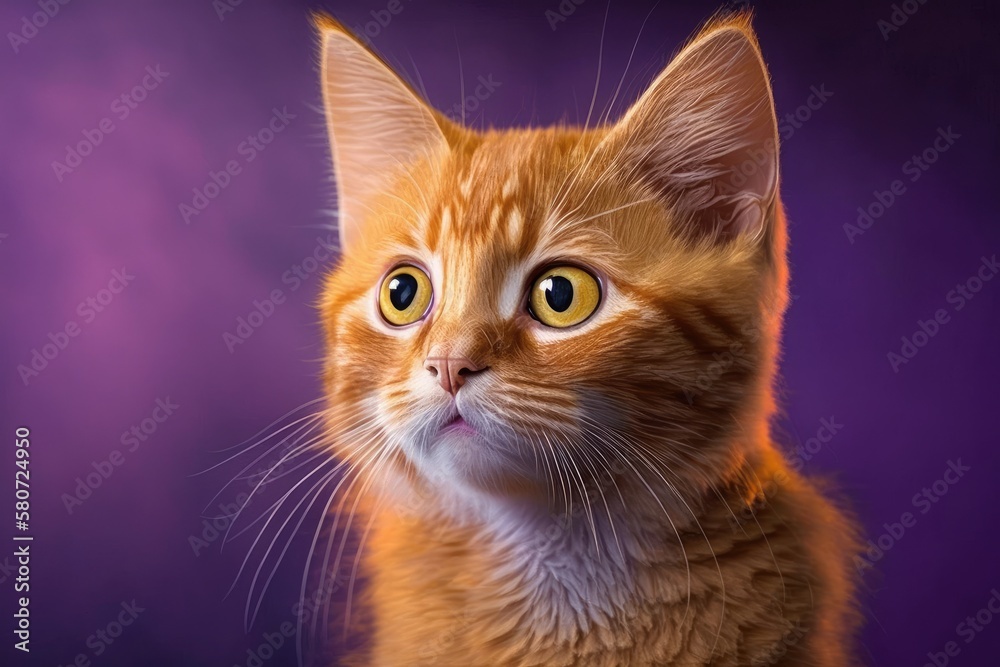 Cute ginger cat glancing around inquisitively. Purple background in a horizontal picture. Generative AI
